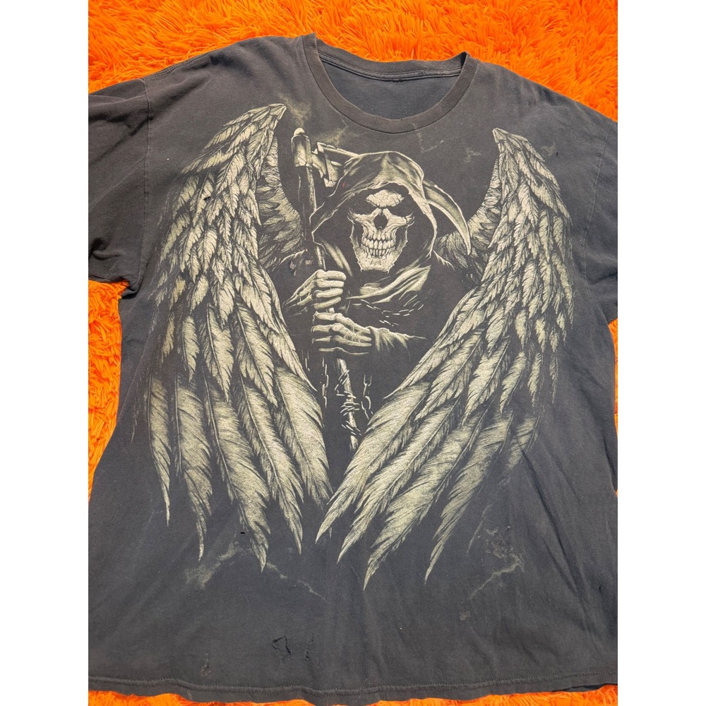Vintage Grim Reaper Graphic Tee Faded Black Gothic Winged Scythe Mens T-Shirt